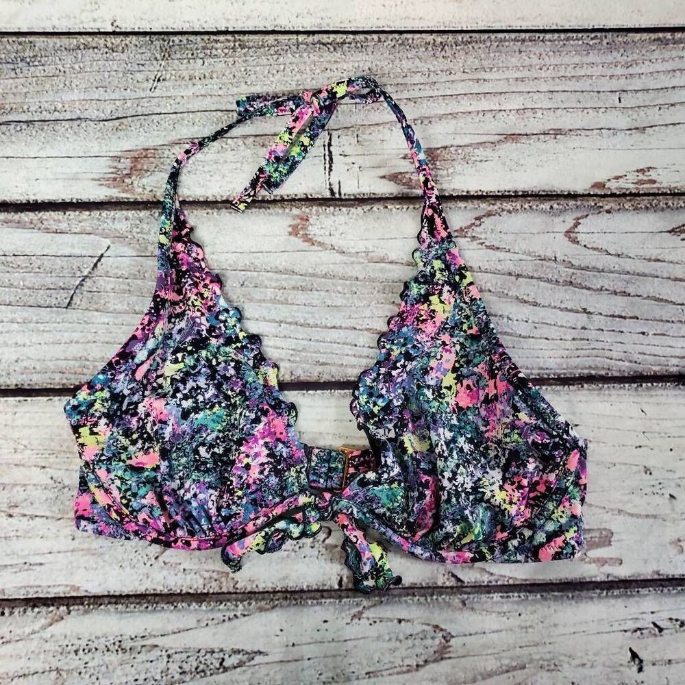 Victoria’s Secret 34D Halter Bikini Top – Multicolor Paisley Print, Padded, Boho